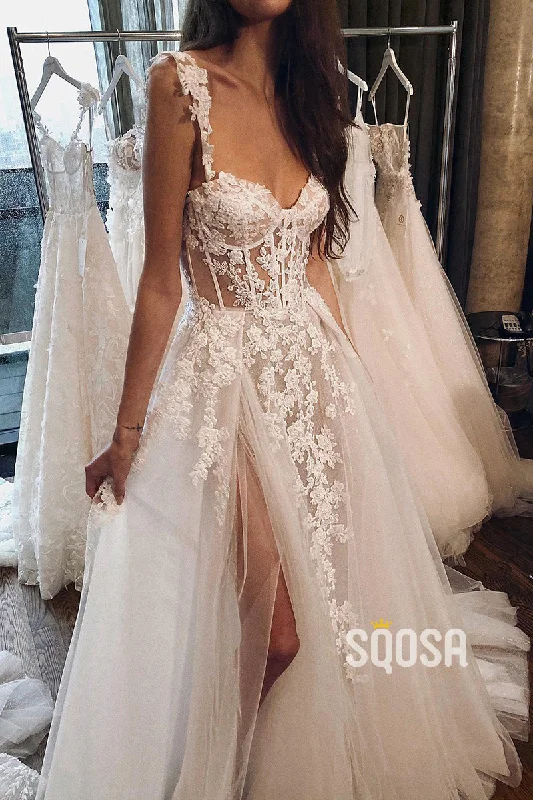 Double Straps Lace Appliques Bohemian Wedding Dress Bridal Gown QW0845