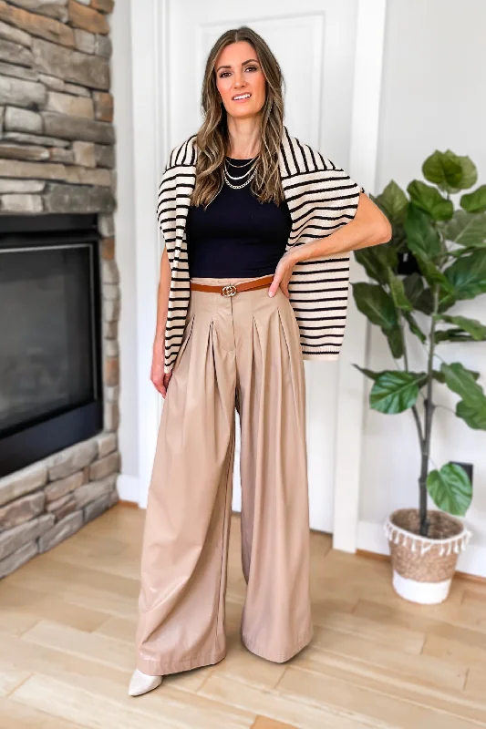 Before Long Faux Leather Pleated Wide Leg Pants - Latte