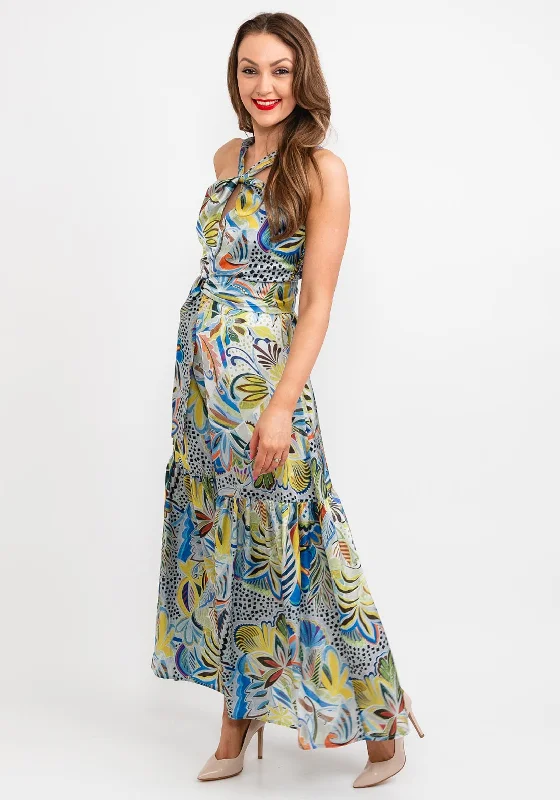 Camelot Halter Neck Leaf Print Satin Maxi Dress, Green Multi