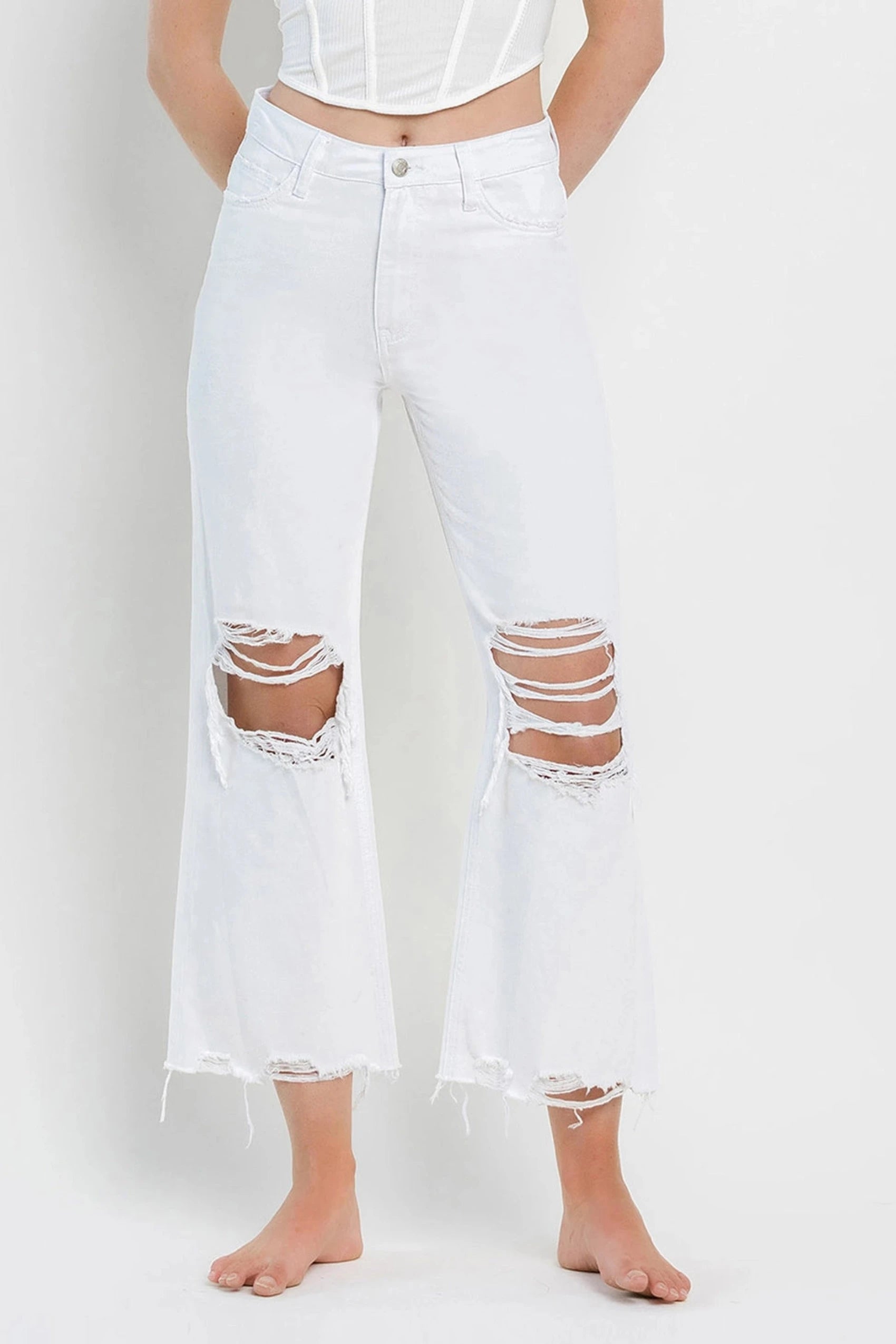 Channing 90's Distressed Crop Flare Jeans - White