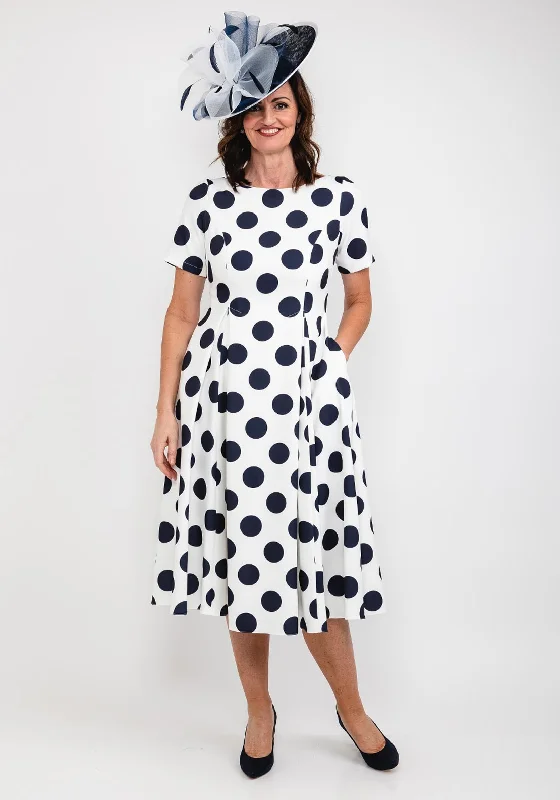 Coco Doll Cade Box Pleat Polka Dot Midi Dress, White