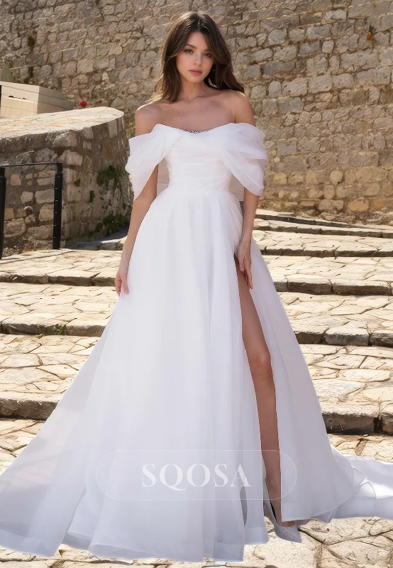 A Line Illusion Neckline Organza Romatic Wedding Dress with Slit