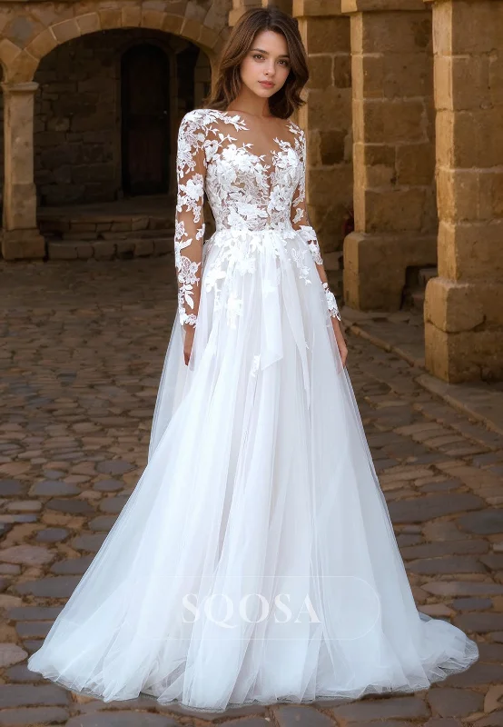 A Line Illusion Neckline Lace Appliques Long Sleeves Romantic Wedding Dress