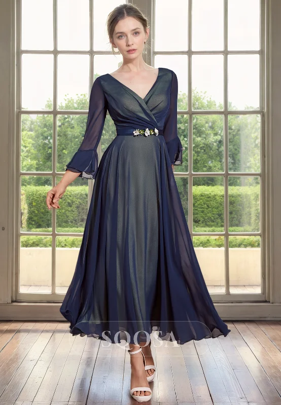 A Line V Neck 3/4 Sleeves Elegant Mother of the Bride Dress for Wedding