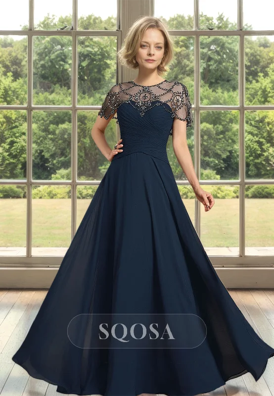 Scoop-Neck Short-Sleeves Satin A-Line Mother of the Bride Dress Pleated Beaded Cutout Cocktail Gowns