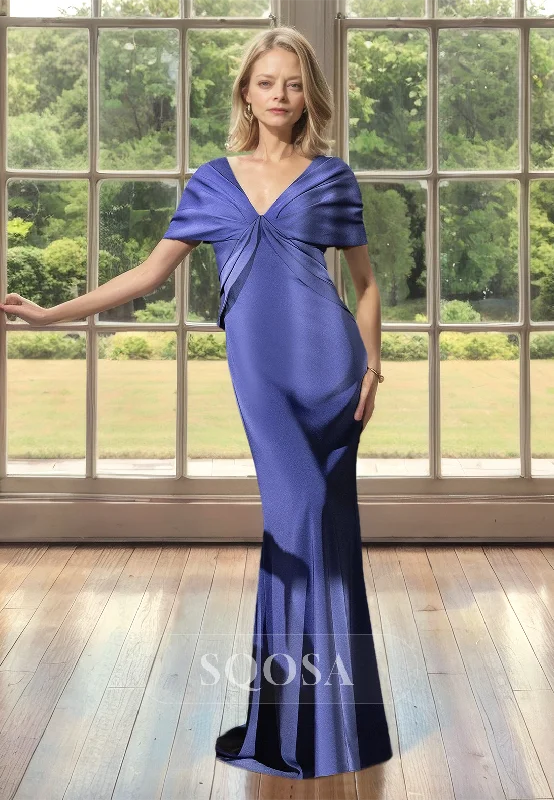 V-Neck Cap-Sleeves Pleated Satin Mother of the Bride Dress Floor-Length Mermaid Cocktail Gowns