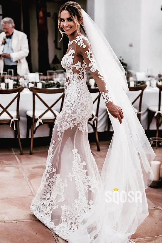 Sheath/Column Wedding Dress Illusion Appliques Long Sleeves Bohemian Wedding Dress QW2418