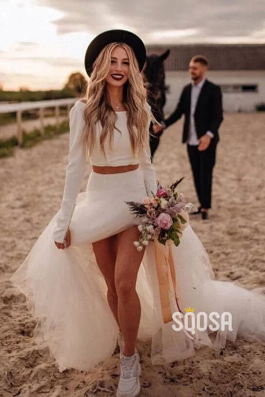 Unique Scoop Long Sleeves Two-Piece Bohemian Wedding Dress QW2423