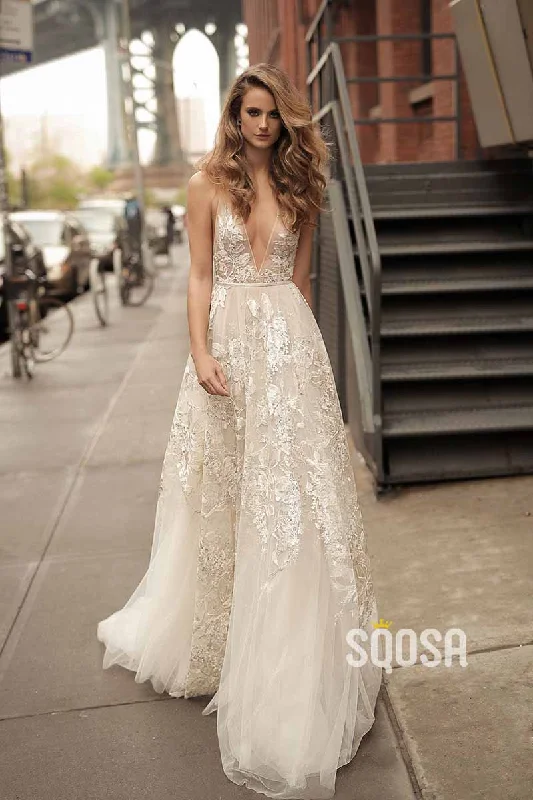 A Line Deeo V neck Lace Appliques Boho Wedding Dress QW2470