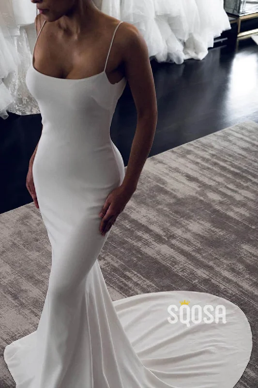 Unique Scoop Elastic Satin Simple Wedding Dress Open Backless