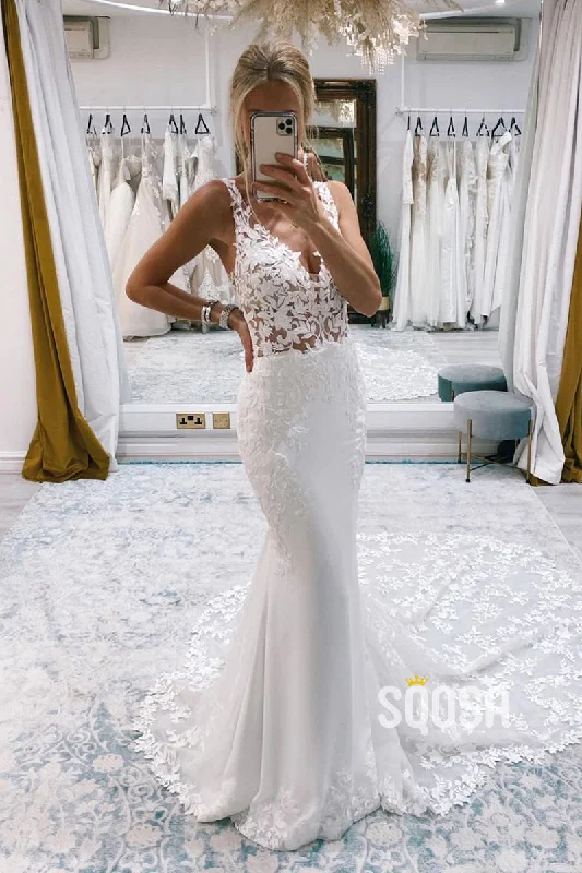 Sexy V-Neck Lace Appliques Mermaid Wedding Dress QW2504