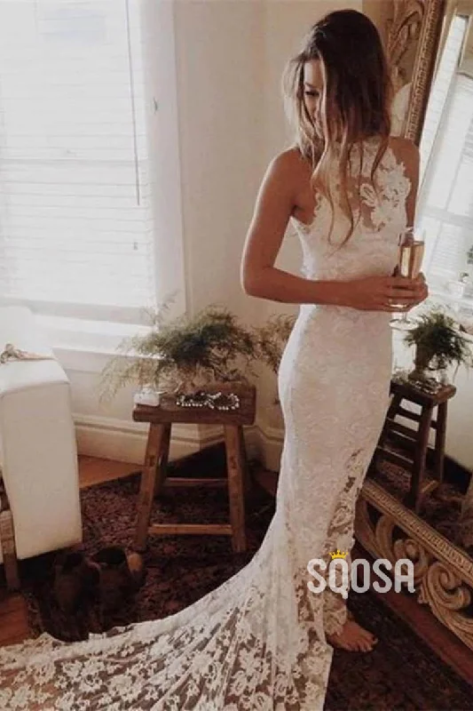 Unique Jewel Exquisite Ivory Lace Bohemian Wedding Dress with Slit QW2550