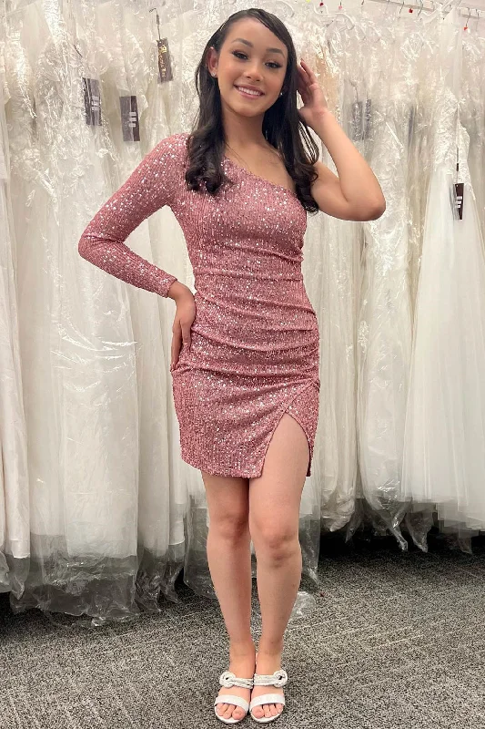 Dusty Rose One-Shoulder Sequins Short Homecoming Dress