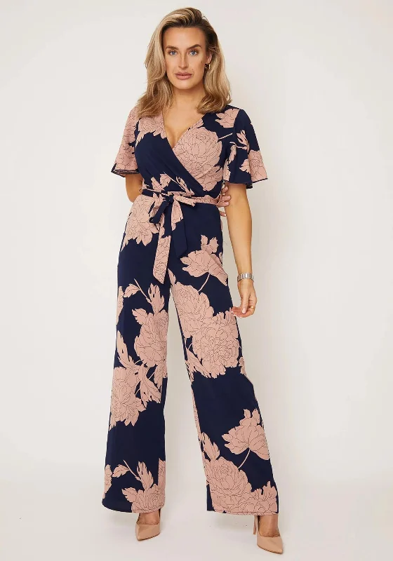 Girl In Mind Deena Floral Wide Leg Jumpsuit, Navy & Blush