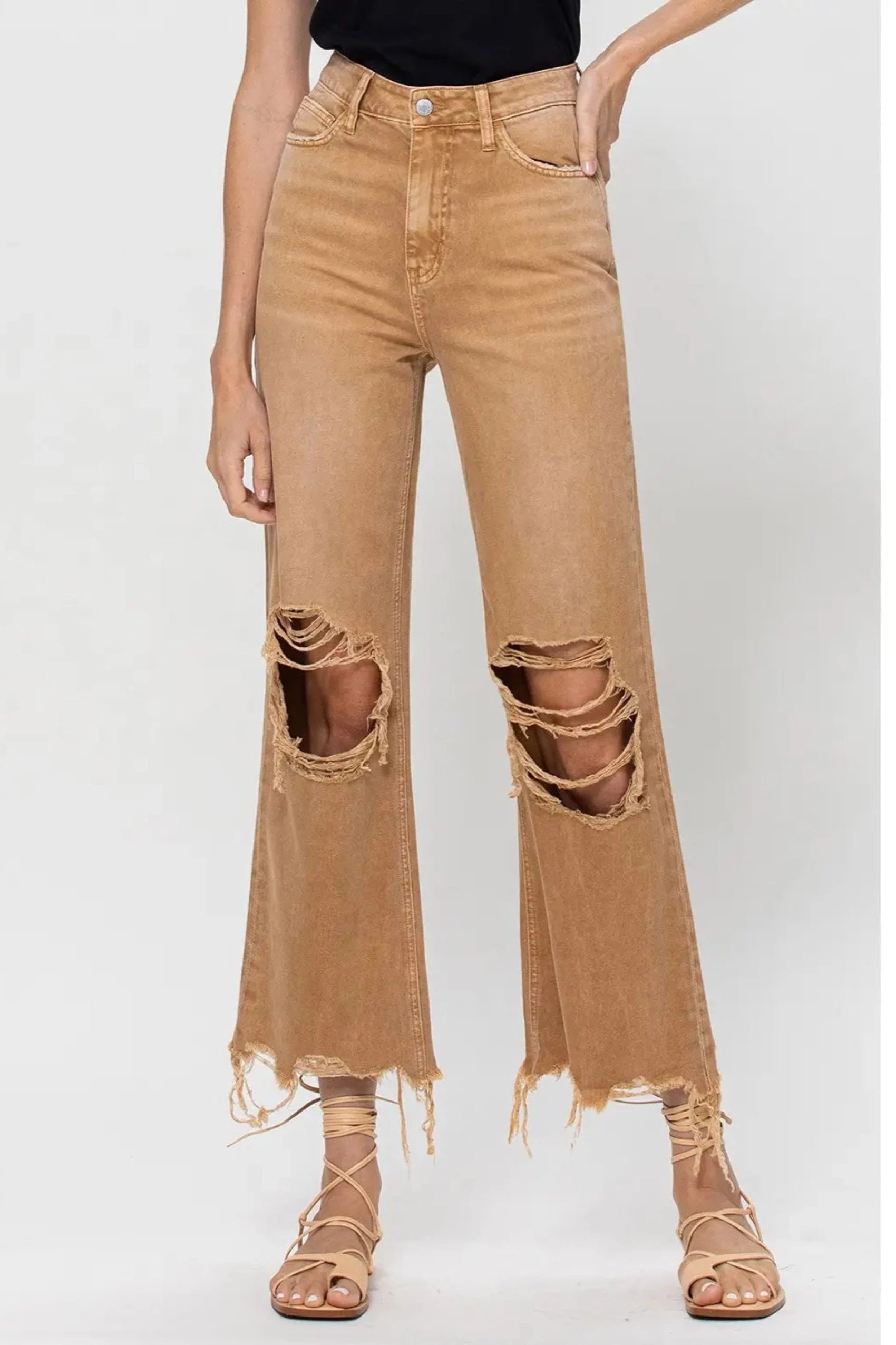 Happy Place 90's Crop Flare Jeans - Camel - Restock!