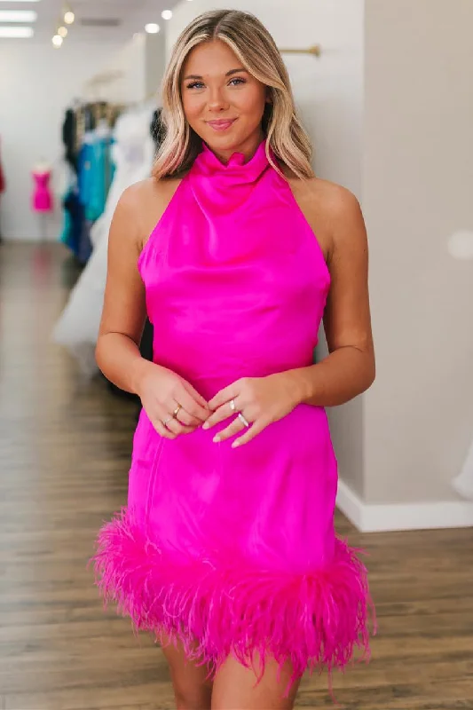 High Neck Fuchsia Short Homecoming Dress with Feather Hem