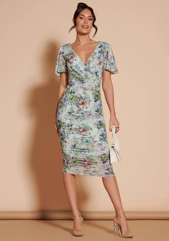 Jolie Moi Angel Sleeve Rushed Midi Dress, Green Floral