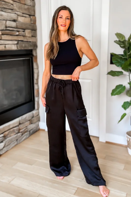 Just For You Satin Cargo Pants - Black - SALE