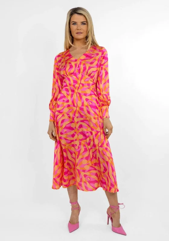 Kate & Pippa Birkin Satin Feel Print Midi Dress, Pink & Orange