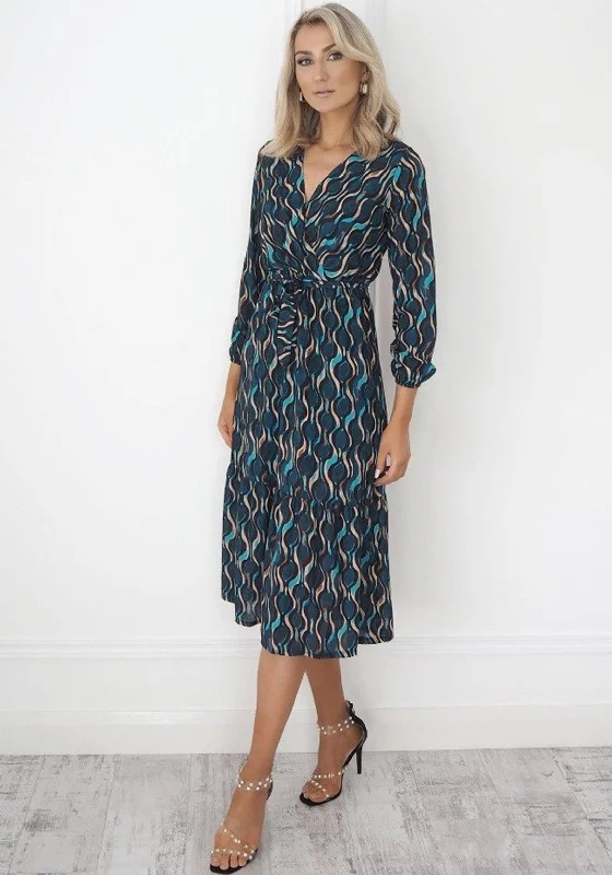 Kate & Pippa Abstract Pattern Print Wrap Midi Dress, Teal Multi