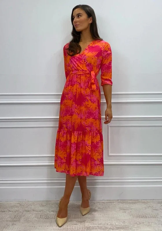 Kate & Pippa Boho Panel End Printed Midi Dress, Pink & Orange