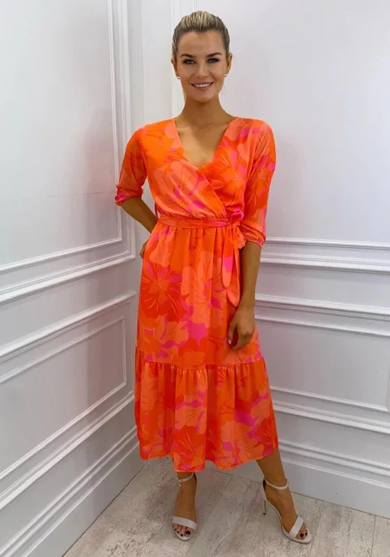 Kate & Pippa Boho Tropical Print Midi Dress, Orange & Pink