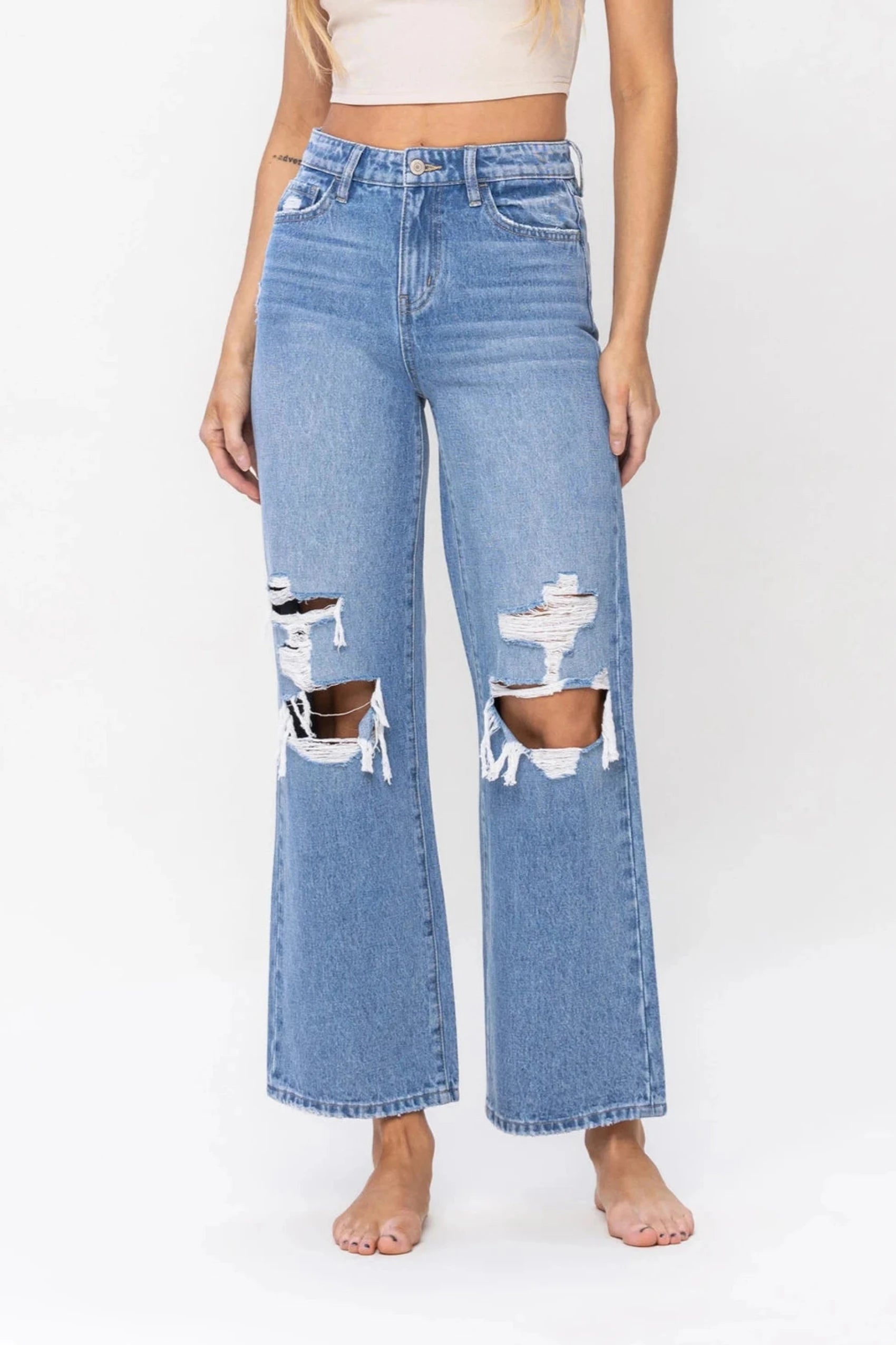 Kelly High Rise Distressed Wide Leg Jeans