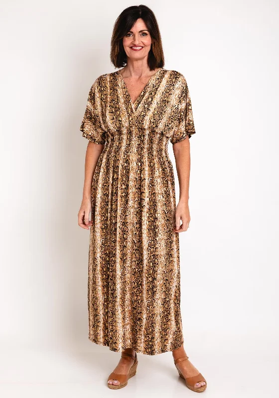 Serafina Collection One Size Reptile Print Maxi Dress, Brown Gold