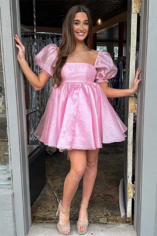 Pink Square Neck Balloon Sleeves A-Line Homecoming Dress