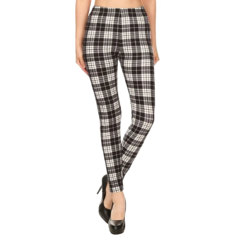 Plaid High Waisted Leggings In A Fitted Style, With An Elastic Waistband