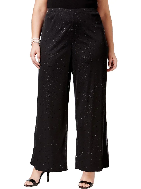 Plus Womens Sparkle Mesh Palazzo Pants