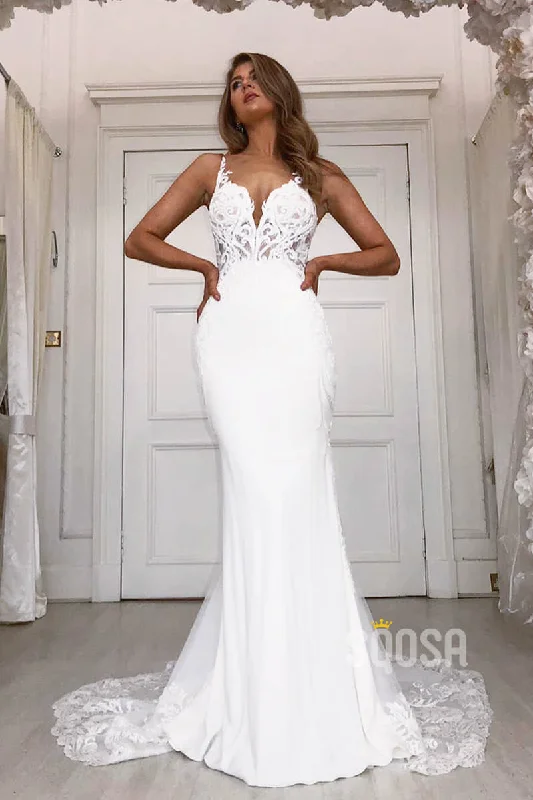 Sheath/Column Wedding Dress Chic Lace Appliques Bohemian Wedding Gowns QW2109