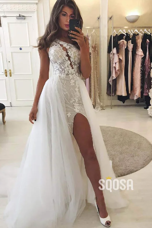 Sheath/Column Wedding Dress One Shoulder Chic Applqiues Wedding Gowns with Slit QW0951