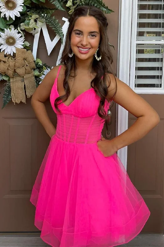 Short A-Line V-Neck Hot Pink Tulle Homecoming Dress