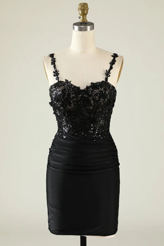 Straps Black Sequines Appliques Short Homecoming Dress