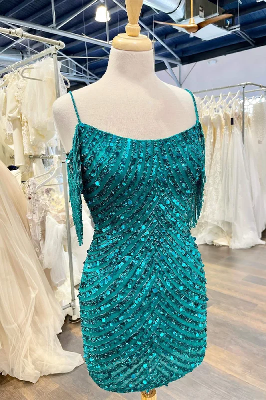 Straps Teal Sequined Short Homecoming Dress with Tassel