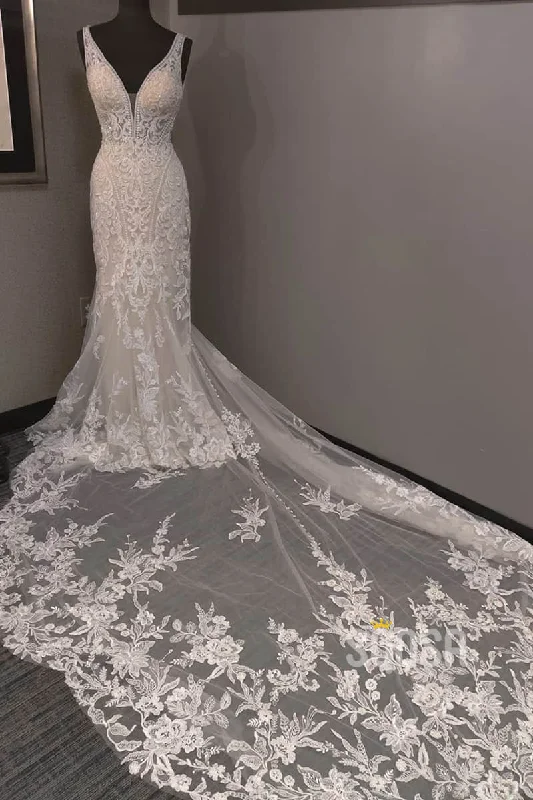 Unique V-neck Lace Appliques Beaded Mermaid/Trumpet Wedding Dress QW2173