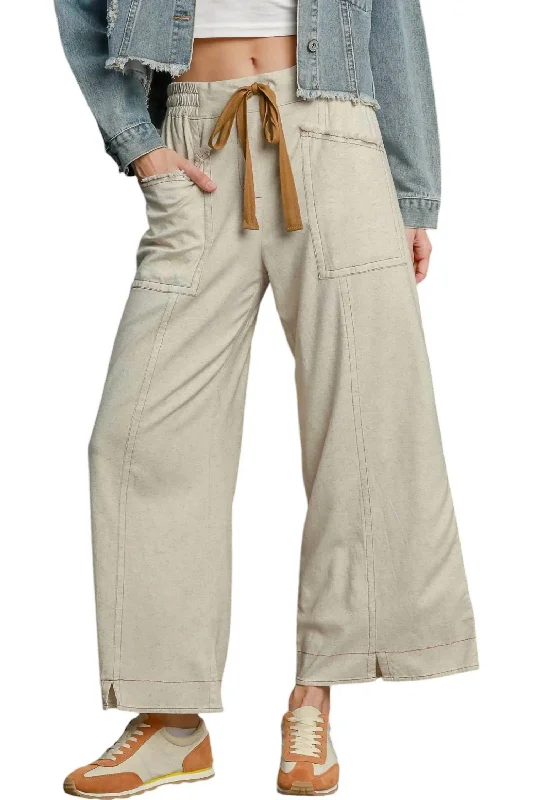 Wide Leg Pull On Pants In Oatmeal