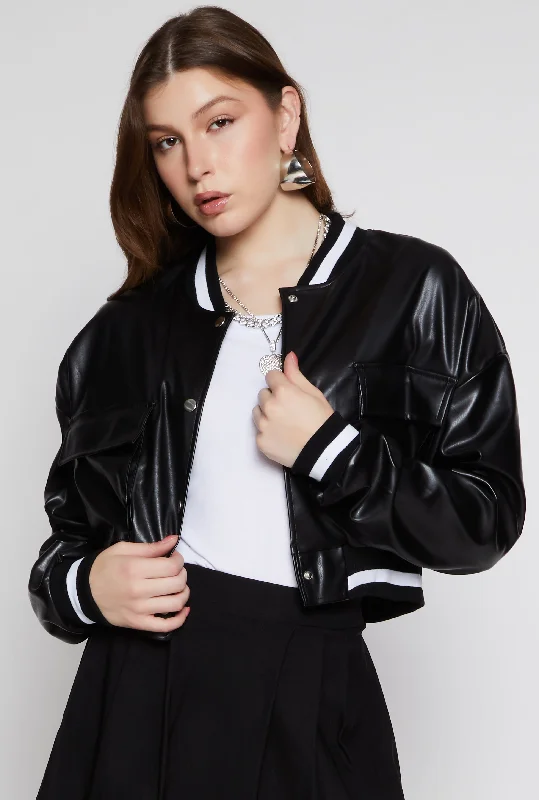 Faux Leather Cargo Cropped Bomber Jacket