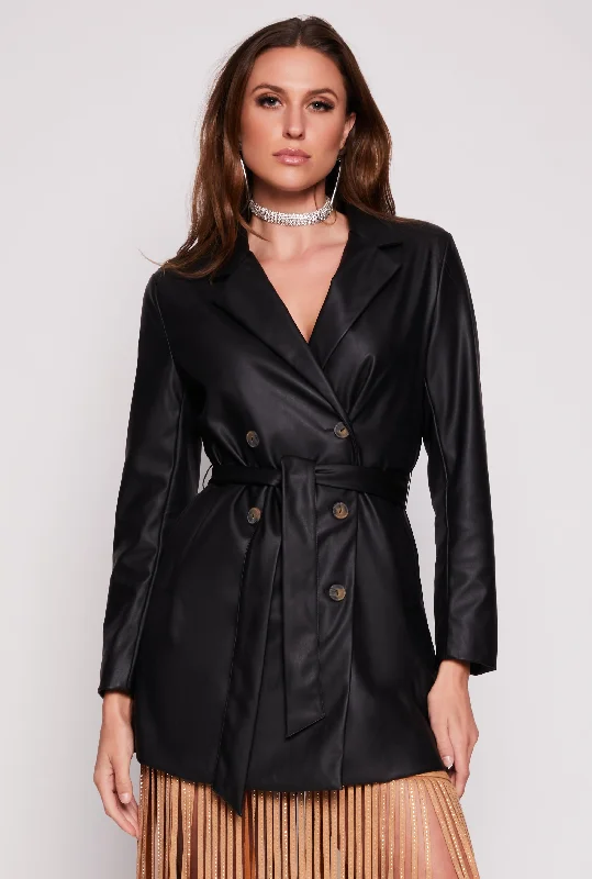 Faux Leather Tie Waist Belted Coat