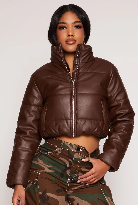 Faux Leather Funnel Neck Puffer Jacket