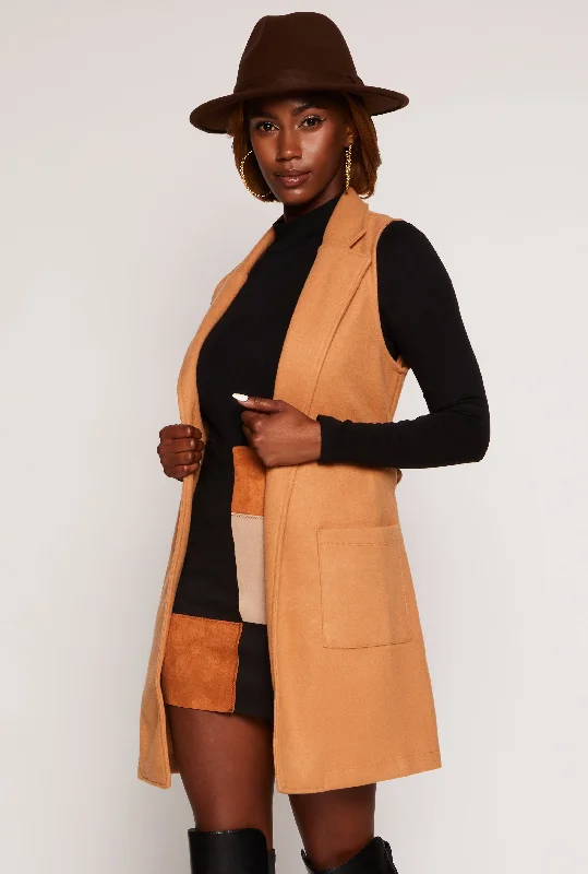 Faux Suede Sleeveless Tie Waist Wrap Coat