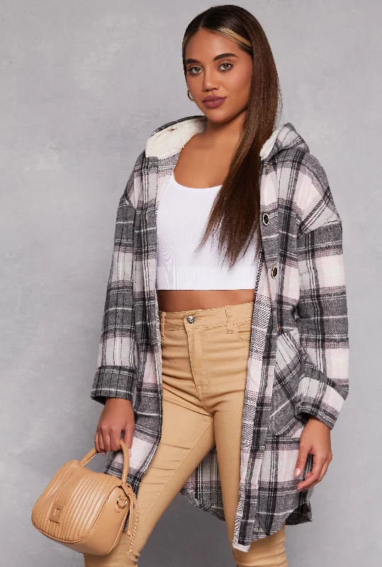 Spoon Jeans Plaid Flannel Long Hooded Shacket