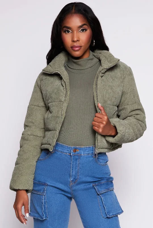 Corduroy Drawstring Hem Puffer Jacket