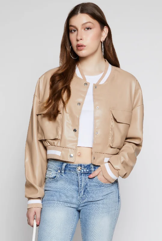 Faux Leather Cargo Cropped Bomber Jacket