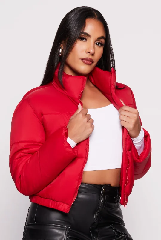 Nylon Zip Front Cropped Puffer Jacket