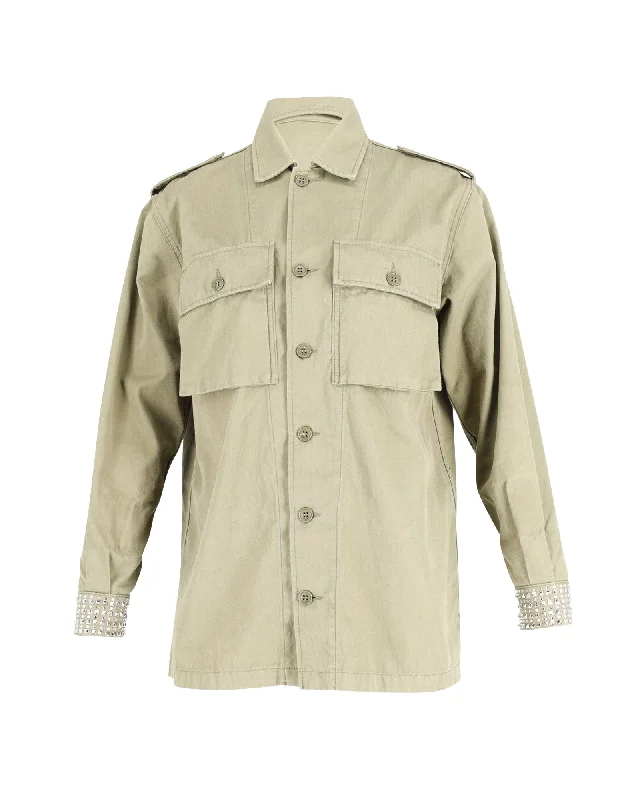 Saint Laurent Embellished Cuff Military Jacket in Light Khaki Cotton