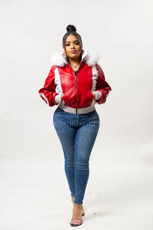 Women's 8 Ball Jacket With Premium Fox Fur Hood [White/Red]