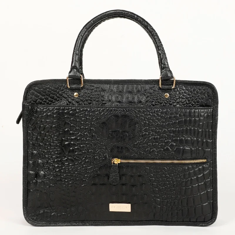 BLACK CROCO PATTERN LEATHER LAPTOP BAG