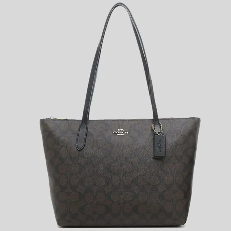 COACH Zip Top Tote In Signature Canvas Brown Black 4455